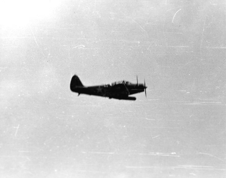 TBD-1 Devastator torpedo bomber of Yorktown's Torpedo Squadron 3 in flight during Battle of Midway with a Mk XIII torpedo underneath, 0840 on 4 Jun 1942