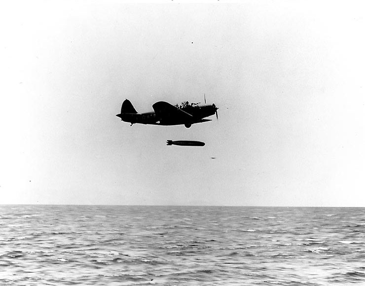 TBD-1 Devastator aircraft 6-T-9 of Torpedo Squadron 6 dropped a Mark XIII torpedo during exercises in the Pacific, 20 Oct 1941