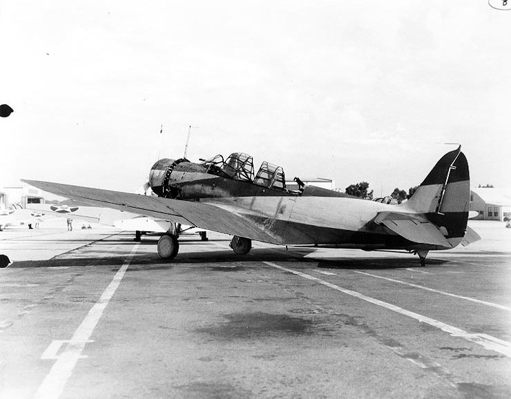 TBD-1 Devastator aircraft of Torpedo Squadron 3 with McClelland Barclay experimental camouflage design number 8, Naval Air Station, North Island, California, United States, 22 Aug 1940, photo 2 of 3