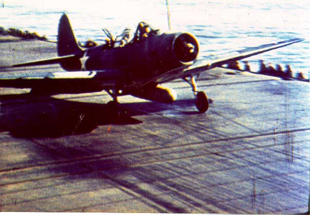 US Navy pilot Lieutenant Commander John Waldron's TBD-1 Devastator aircraft taking off of carrier USS Hornet during the Battle of Midway, Pacific Ocean, 4 Jun 1942