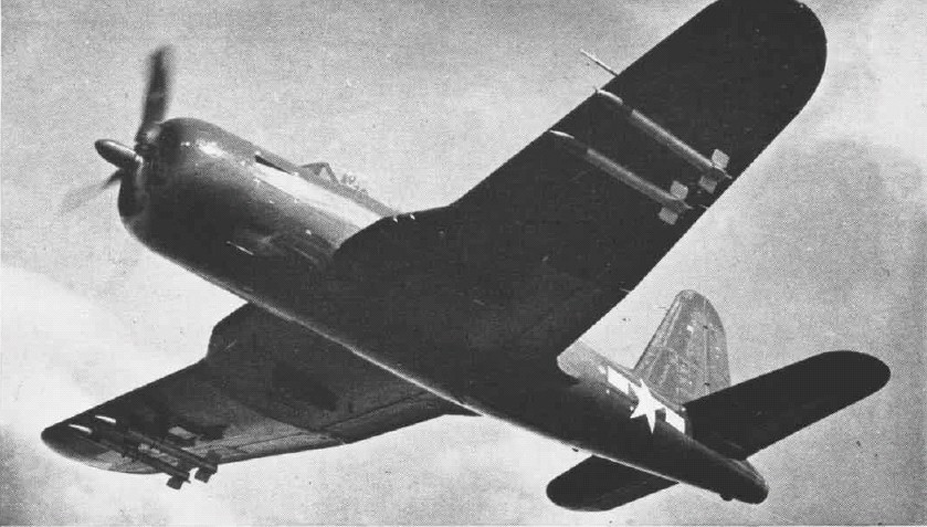 FR-1 Fireball fighter in flight, 1945, seen in Dec 1945 issue of US Navy publication Naval Aviation News; note HVAR rockets under wings