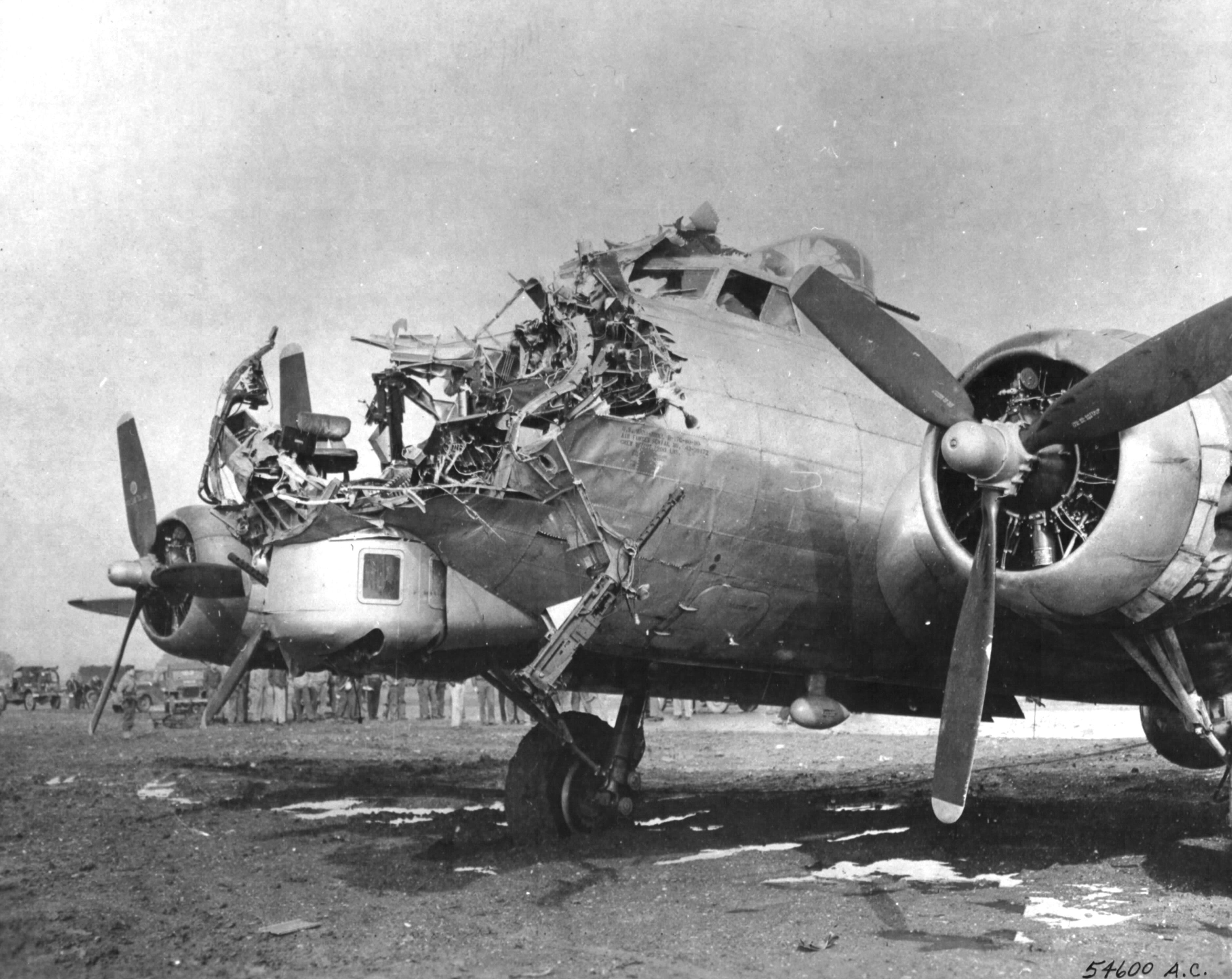 B-17G bomber returned to Nuthampstead, Hertfordshire, England, United Kingdom after being damaged on bombing mission over Cologne, Germany, 5 Oct 1944