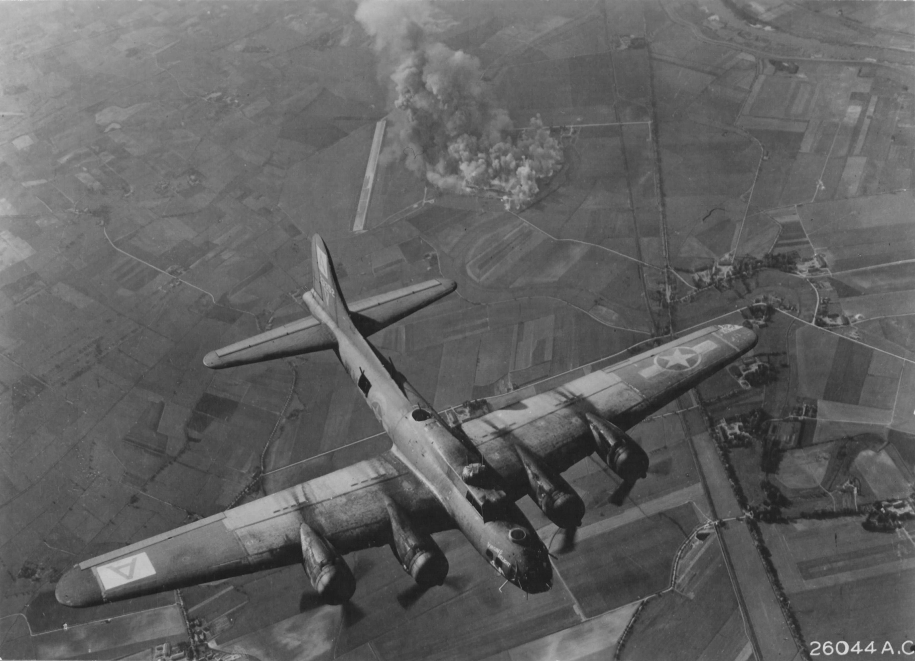 8th Air Force B-17 bomber raiding Focke Wulf plants at Marienburg, Germany (now Malbork, Poland), Oct 9 1943
