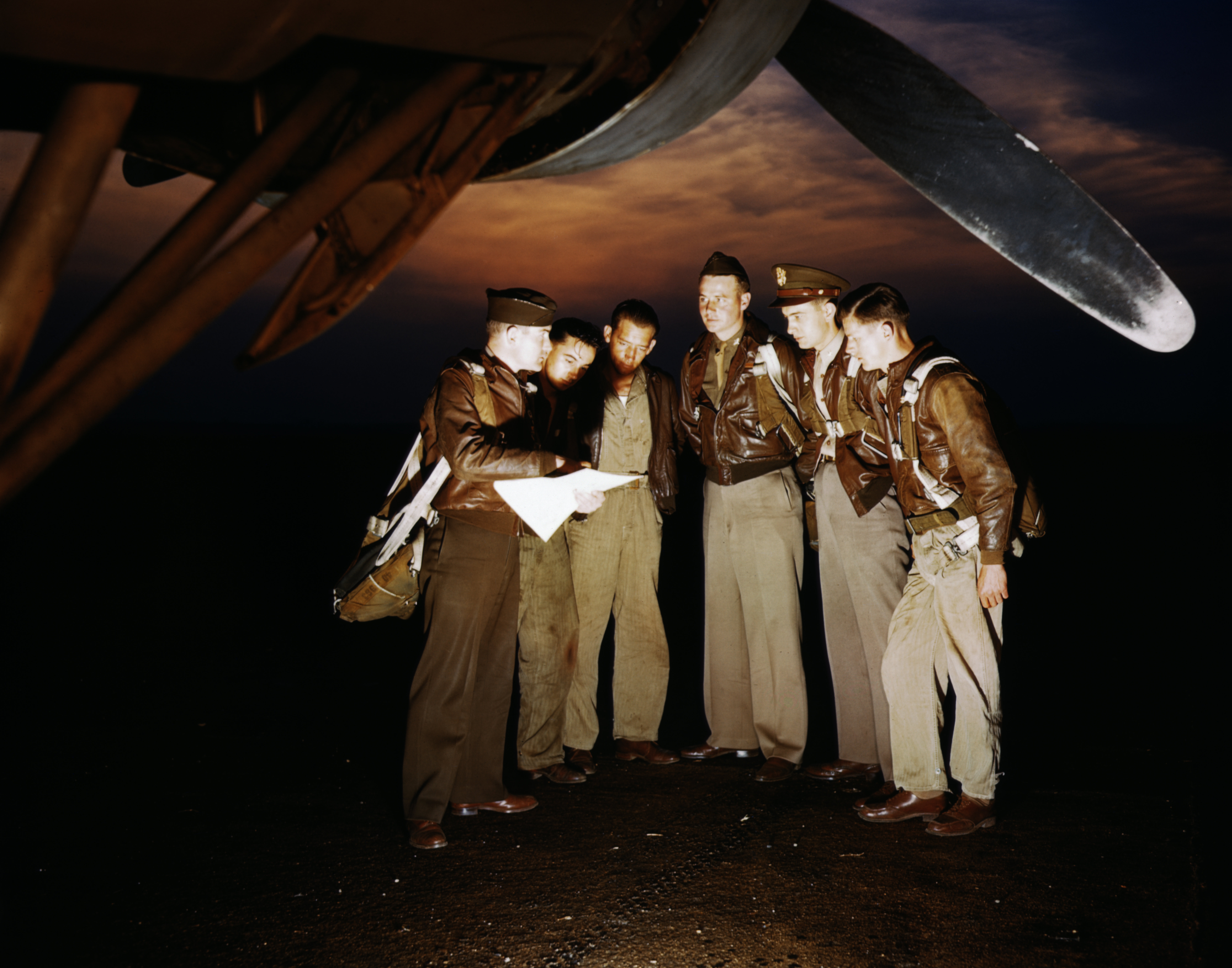 American YB-17 bomber crew receiving last minute instructions before taking off on a mission, Langley Field, Virginia, United States, May 1942