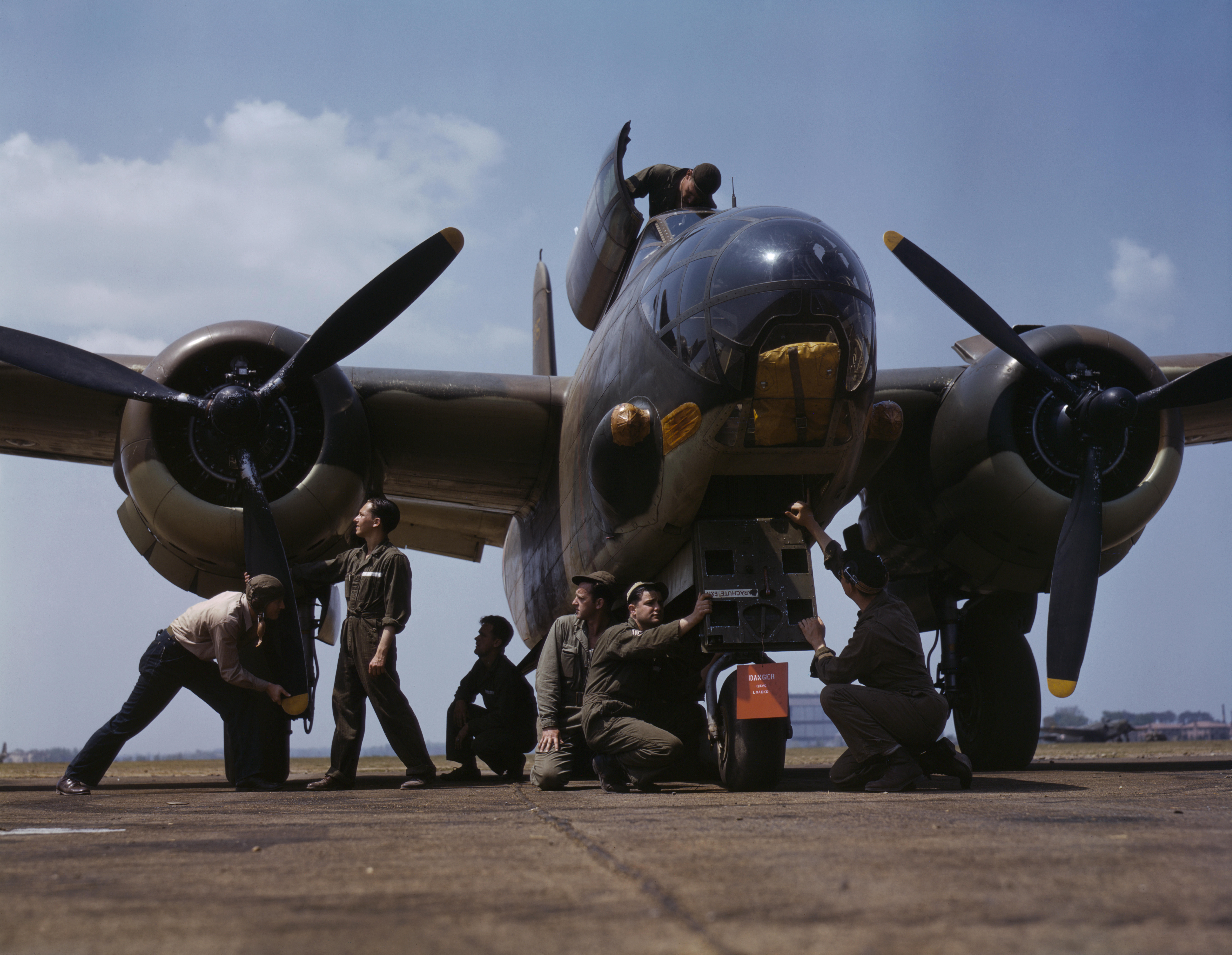American crew servicing an A-20 Havoc bomber, Langley Field, Virginia, United States, Jul 1942