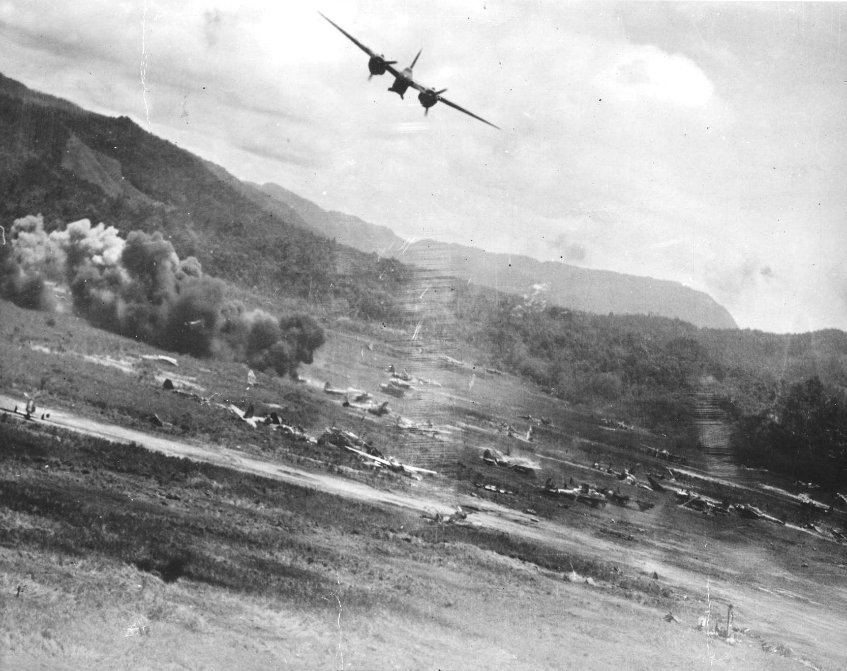 A-20 Havoc aircraft of US V Bombing Command targeting Japanese airfield of Ki-48 bombers, at Hollandia, New Guinea, 1942