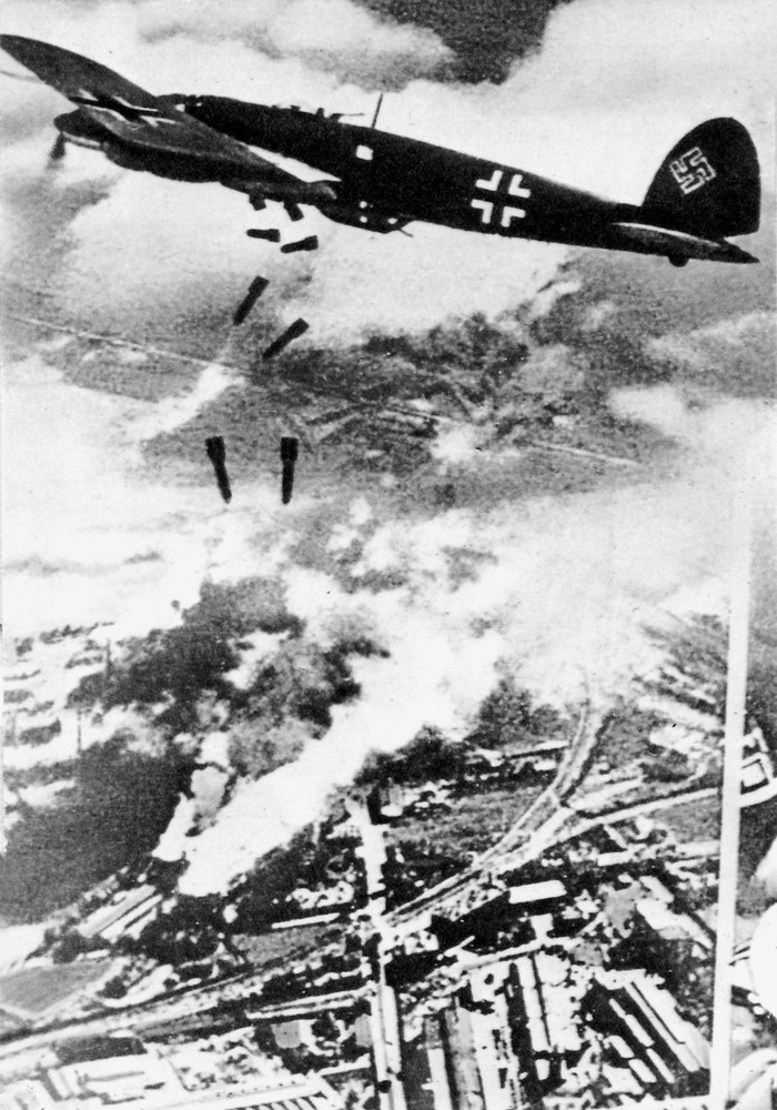 German Heinkel He 111 aircraft bombing Warsaw, Poland, Sep 1939