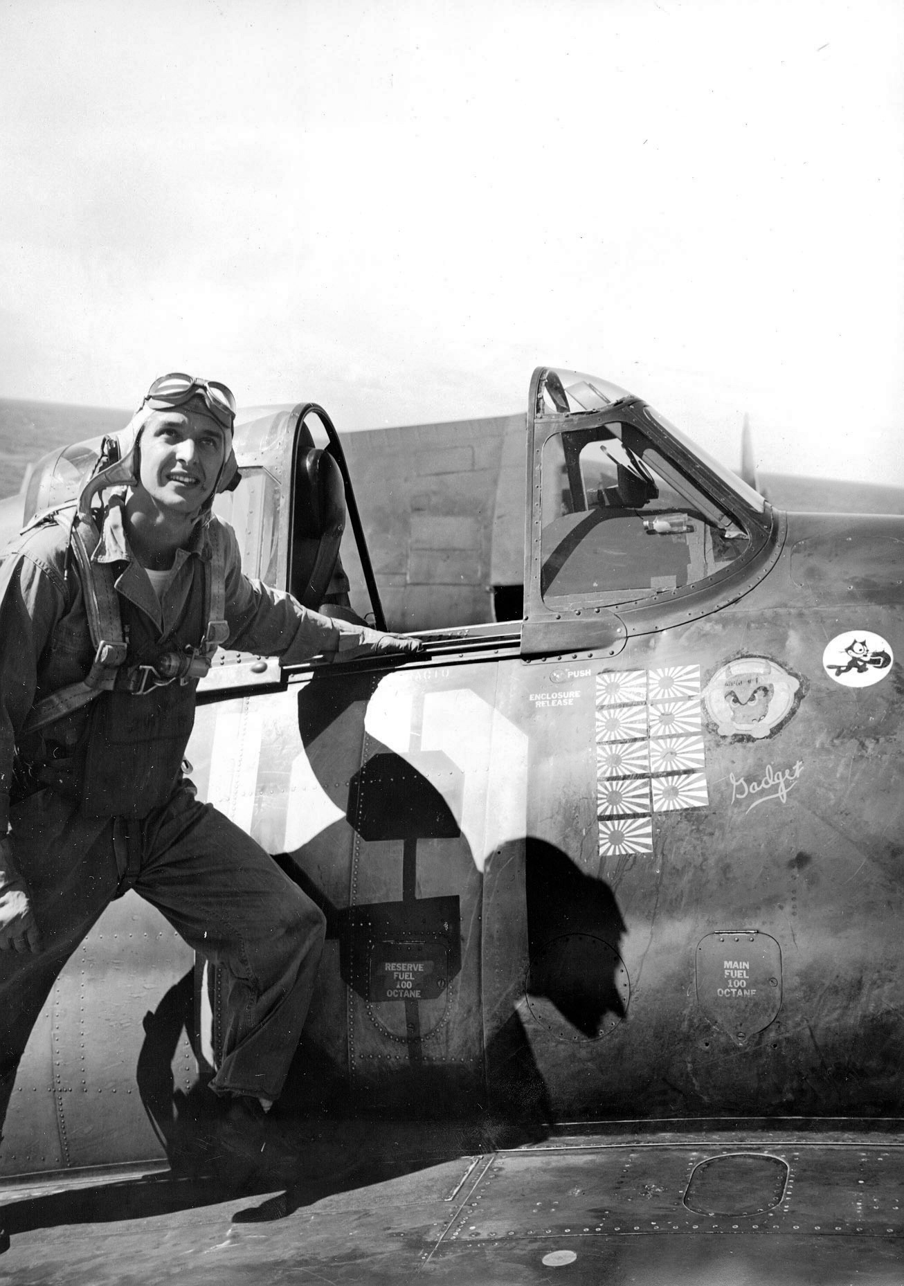 US Lt (jg) Alexander Vraciu of Fighting Squadron 6 in his F6F Hellcat 'Gadget' aboard USS Intrepid, 1944, photo 2 of 2; note markings for his first 9 kills