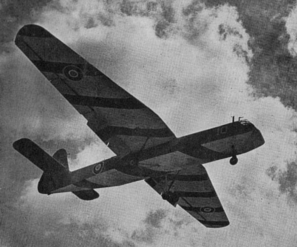 Horsa glider on landing approach with all flaps down, date unknown