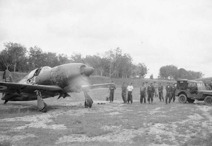 Captured J2M Raiden fighter being prepared for takeoff, Seletar Airfield, Singapore, Dec 1945