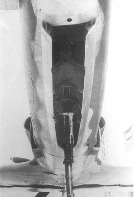 Close-up view of the under section of the J7W Shinden prototype aircraft, 1945