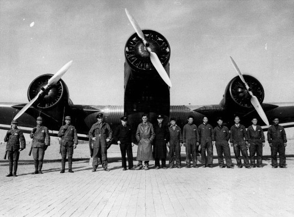 Crew and guards of Chiang Kaishek's personal Ju 52 aircraft, Xi'an Airfield (later Xiguan Airport), Xi'an, Shaanxi Province, China, 1936