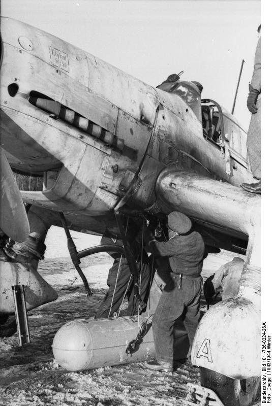 German crew working on a Ju 87 Stuka aircraft in the field, Russia, winter of 1943-1944