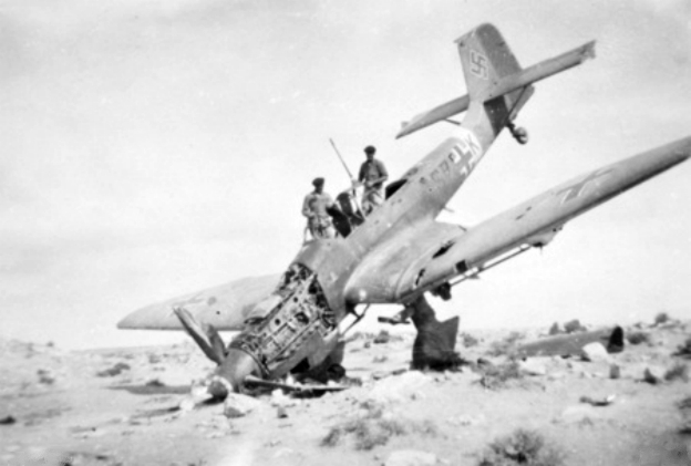 Wreck of Ju 87D Stuka dive bomber of German Sturzkampfgeschwader 3, North Africa, 1942, photo 1 of 2