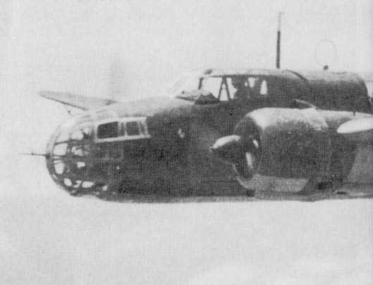 Close-up of the nose of a Ki-48 light bomber in flight, circa 1940s