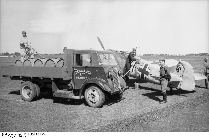 A German Bf 109 fighter being refueled on an airfield at one of the Channel Islands, circa 1940