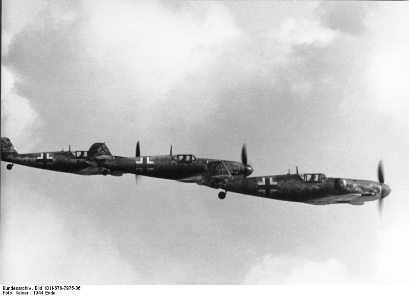 German Bf 109 fighters in flight, circa late 1944, photo 2 of 2