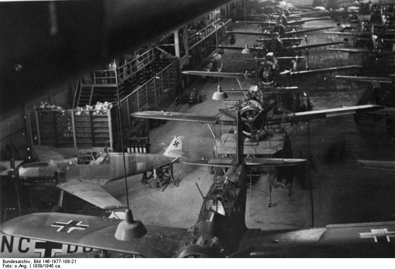 Ar 196 aircraft being built, 1939-1945; note Bf 109 fighter on left side