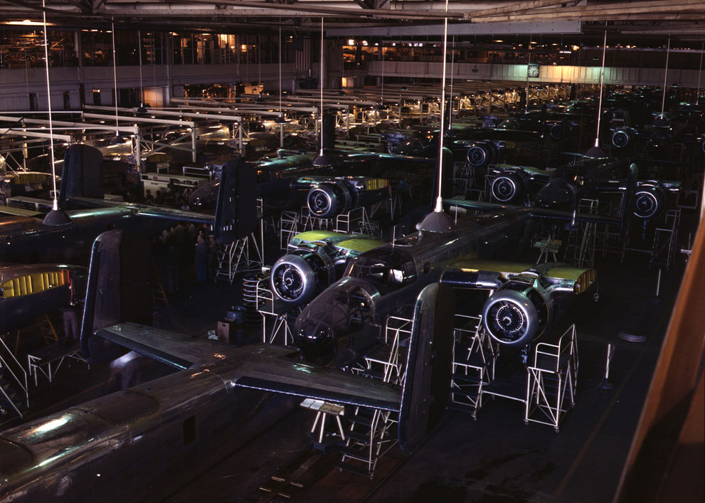 B-25 bombers under construction at North American Aviation's plant in Inglewood, California, United States, 1942