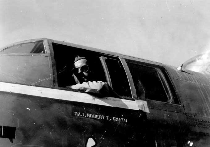 US pilot Major Robert T. Smith in the cockpit of his B-25H Mitchell bomber, probably China, circa 1940s