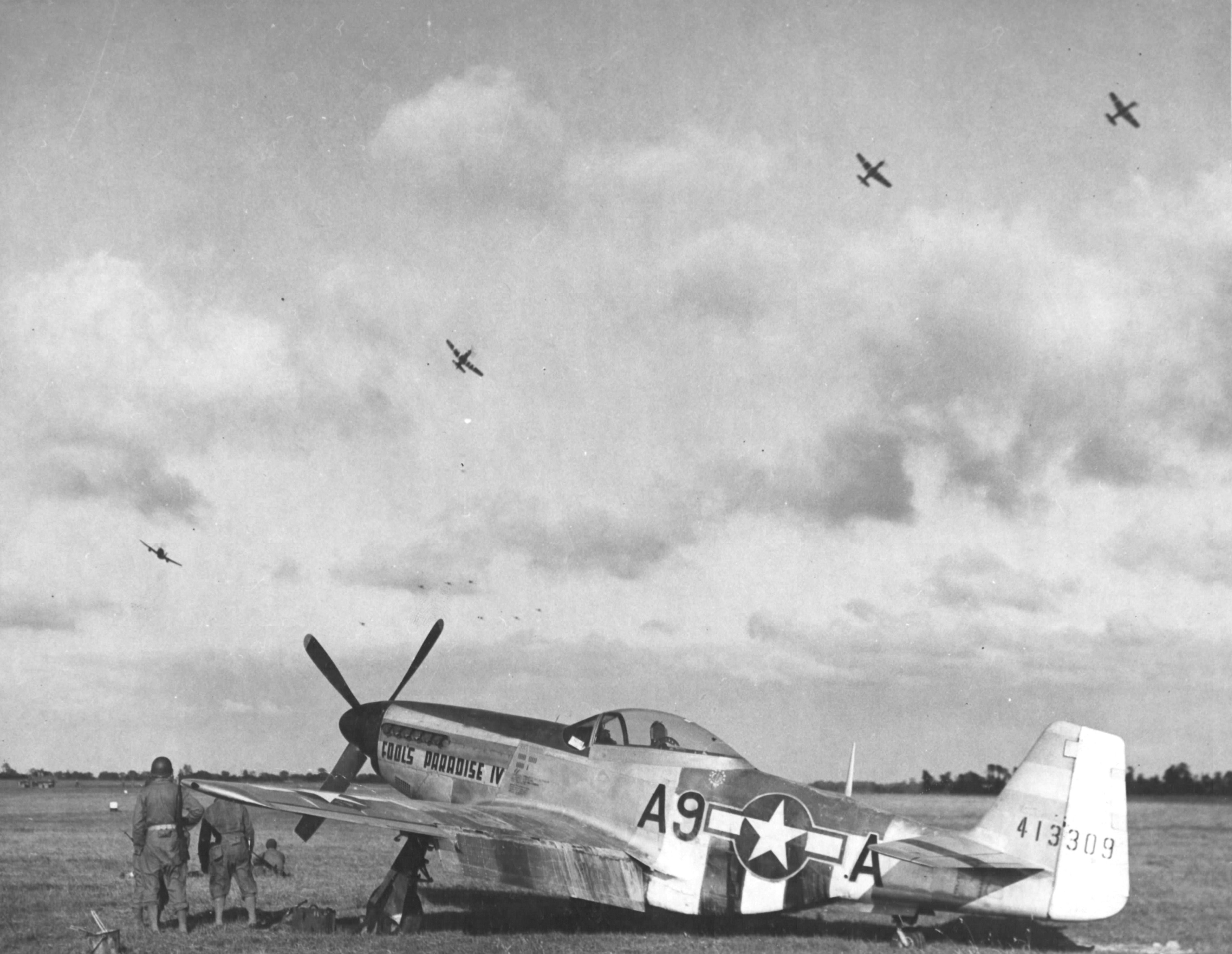 P-51D Mustang 'Fools Paradise IV' fighter of 363rd Fighter Group, US 380th Fighter Squadron at Maupertus Airfield near Cherbourg, Normandy, France, Jul 4-12 1944.