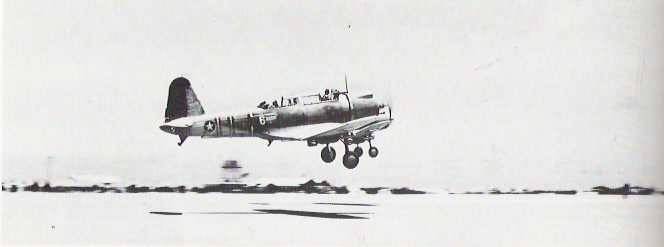 SB2U Vindicator dive bomber of US Marine Corps VMSB-241 squadron taking off from Eastern Island, Midway, circa 27 May to 4 Jun 1942