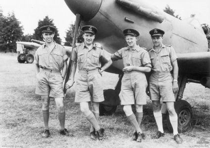 British pilots of the No. 54 Squadron RAF in front of a Spitfire fighter at Richmond, New South Wales, Australia, circa late 1942