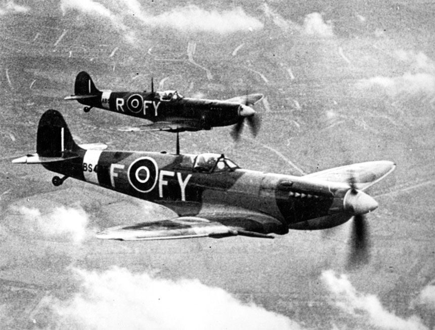 Two British Spitfire Mk IX fighters of No. 611 Squadron based at RAF Biggin Hill, London, England, United Kingdom, 1943