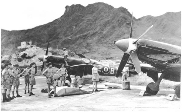 Spitfire F.24 fighters of No. 80 Squadron RAF at Royal Navy station HMS Flycatcher (later Kai Tak Airport then Hong Kong International Airport), Hong Kong, Nov 1949