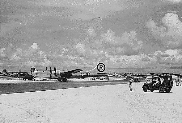 B-29 Superfortress bomber 'Enola Gay' at Tinian, Mariana Islands immediately after the atomic bombing of Hiroshima, Japan, 6 Aug 1945