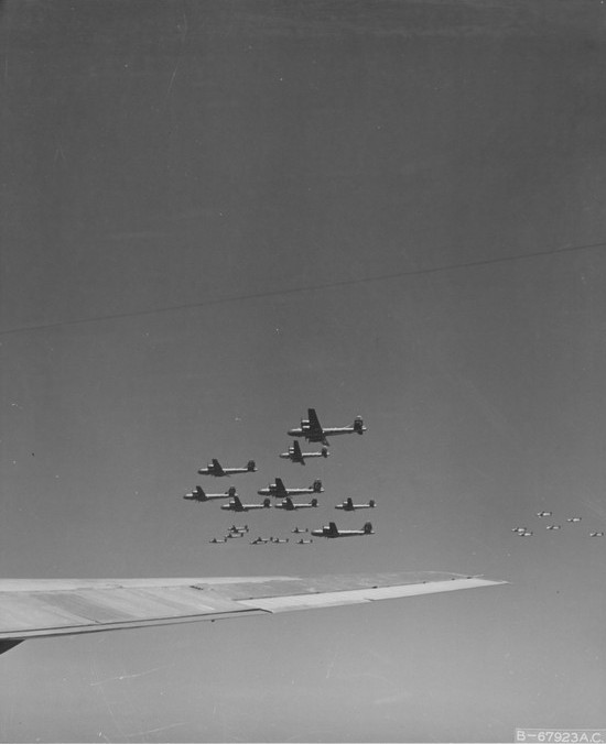 A formation B-29 Superfortress bombers in flight toward Japan, 1945