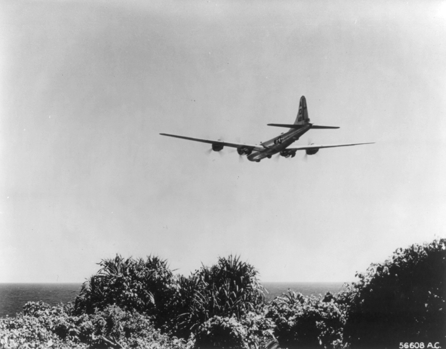 B-29 Superfortress bomber having just taken off from an airfield on Saipan, Mariana Islands, 1944-1945