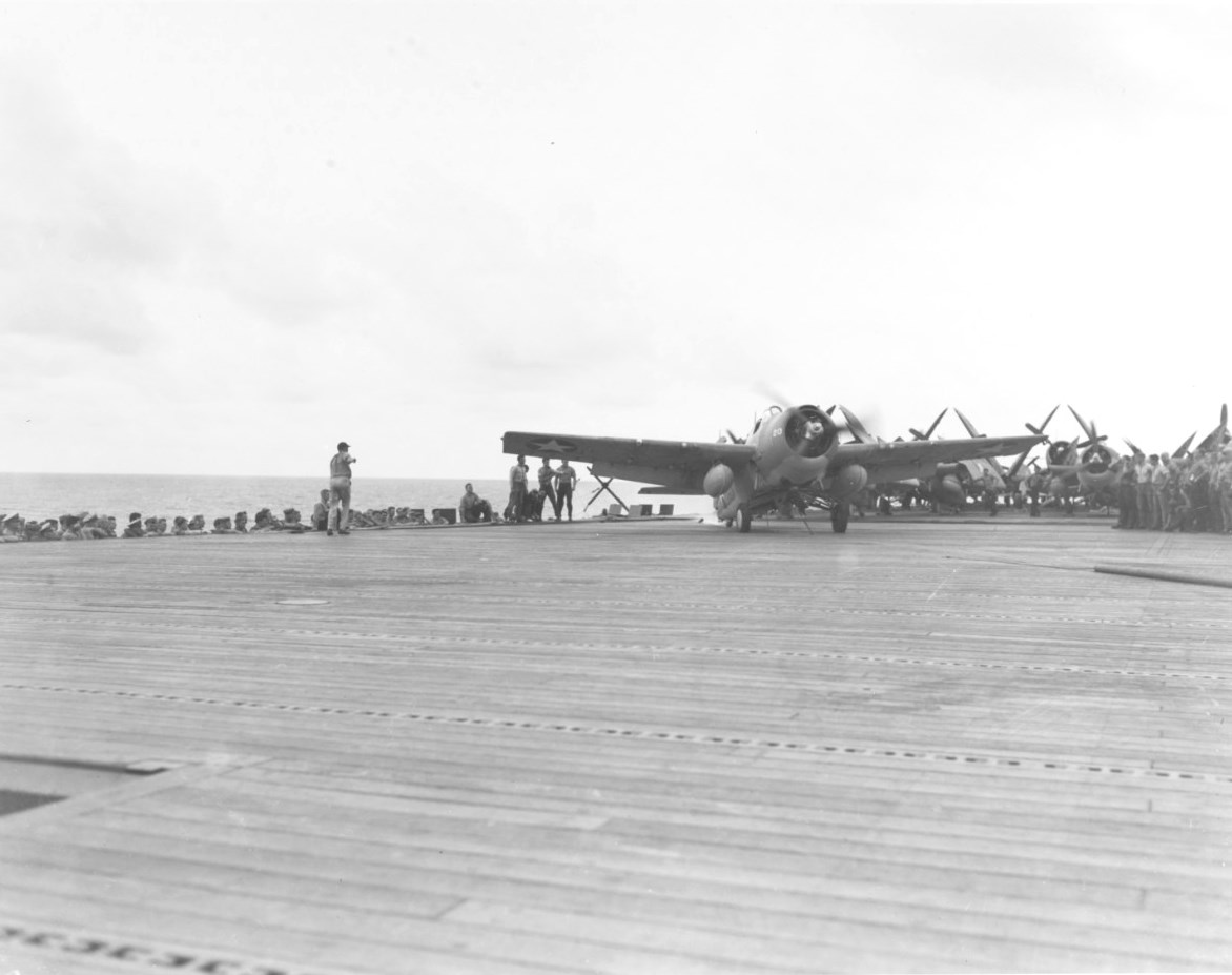 Wildcat aboard Long Island, ready for launching, off Viti Levu, Fiji, 6 Mar 1943