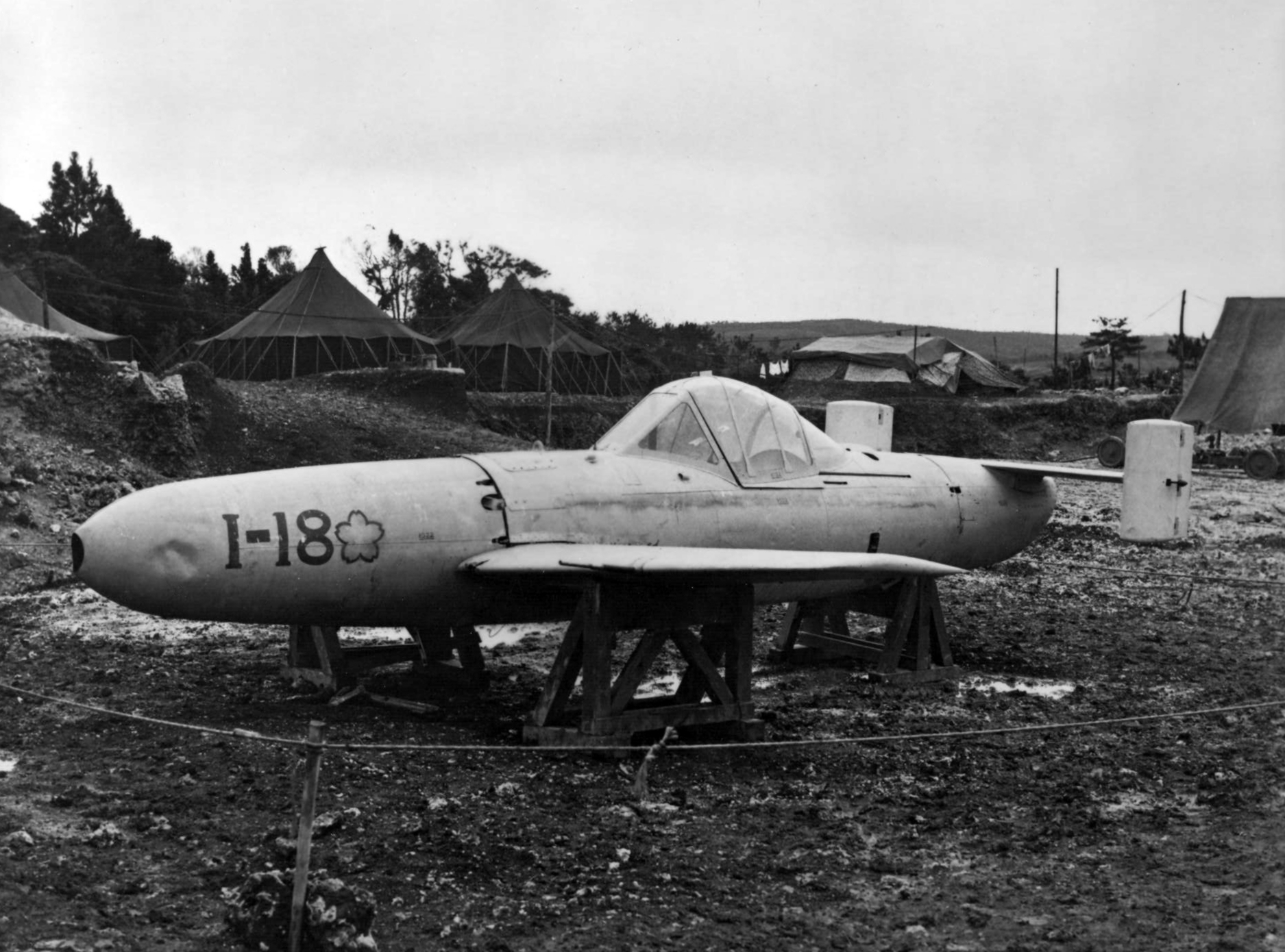 Captured MXY7 Ohka Model 11 aircraft I-18, Yontan Airfield, Okinawa, Japan, Apr 1945, photo 6 of 7
