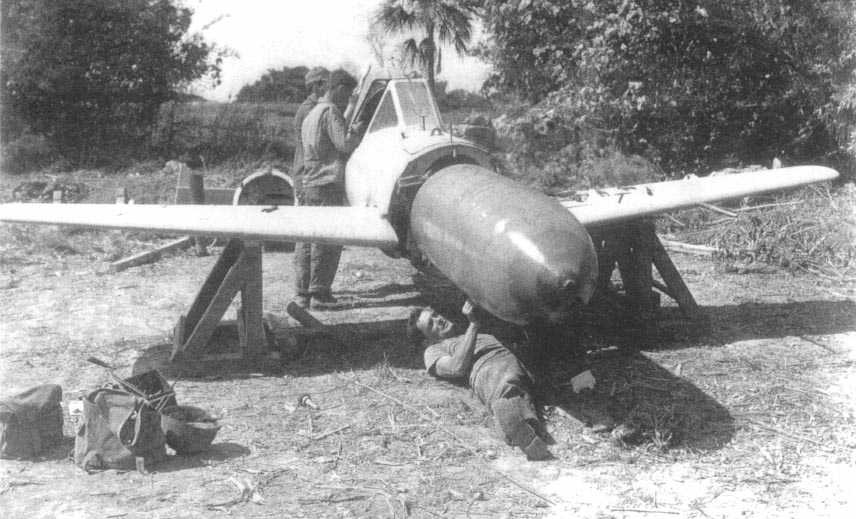 Americans disarming a capturing MXY7 Ohka Model 11 aircraft, 1945
