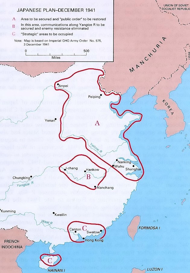 Map depicting Japanese plans for occupying China immediately before launching the third attack on Changsha, China, 3 Dec 1941