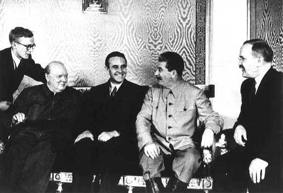 Winston Churchill, W. Averell Harriman, Joseph Stalin, and Vyacheslav Molotov at Fourth Moscow Conference, Russia, Oct 1944, photo 1 of 2