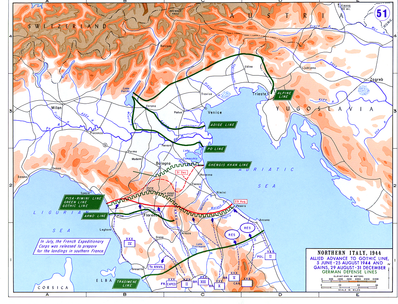 Map showing the Allied advance toward and through the Gothic Line, Italy, 5 Jun-31 Dec 1944