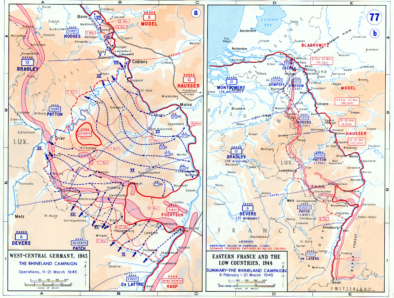 Map depicting the Allied advance to the Rhine River in West-Central Germany, Eastern France, and the Low Countries, 8 Feb-21 Mar 1945