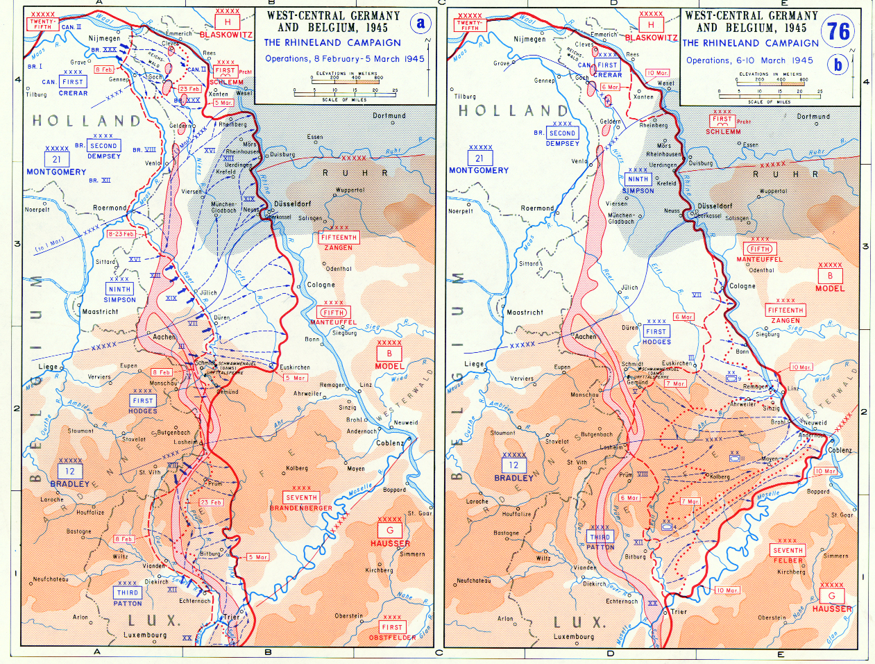 Map depicting the Allied advance to the Rhine River in West-Central Germany and Belgium, 8 Feb-10 Mar 1945