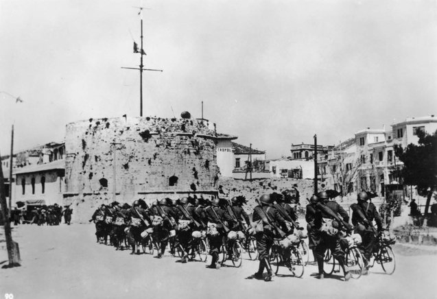 Italian troops marching into Durrës, Albania, 7 Apr 1939