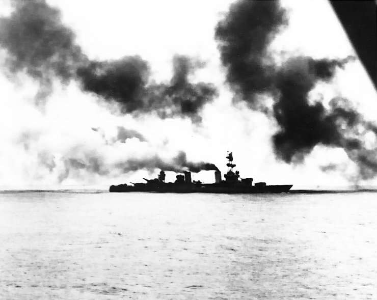 Heavy cruiser USS Salt Lake City in action during Battle of the Komandorski Islands, 26 Mar 1943