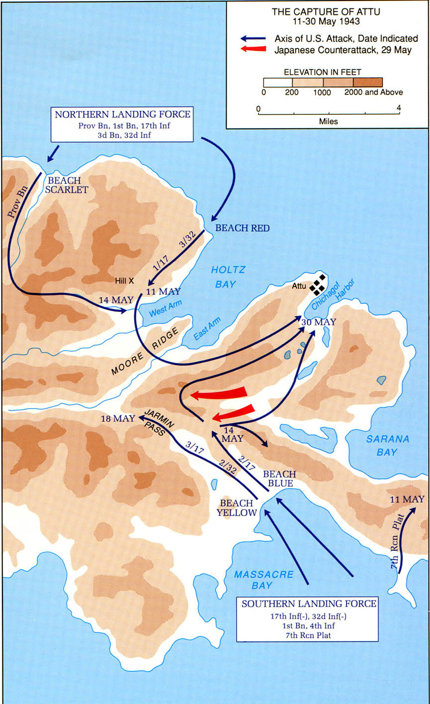 Map depicting the American operations on Attu Island, Aleutian Islands, US Territory of Alaska, 11-30 May 1945