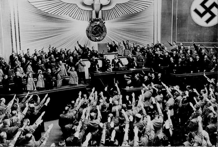 Adolf Hitler announcing the annexation of Austria to members of the Reichstag at Kroll Opera House, Berlin, Germany, Mar 1938