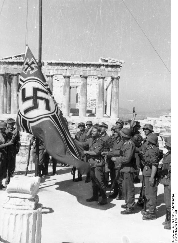 German soldiers raising the German war flag over the Acropolis of Athens, Greece, May 1941