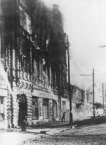 Firefighters battling a fire at a hotel in Kiev, Ukraine, 24 Sep 1941