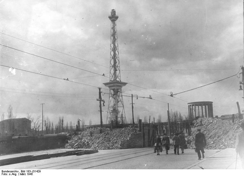 Anti-tank barriers near the radio tower, Berlin, Germany, Mar 1945