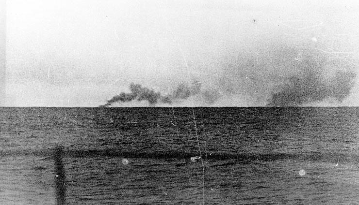 Smoke from Prince of Wales and Hood, seen from Prinz Eugen, 24 May 1941, photo 1 of 2