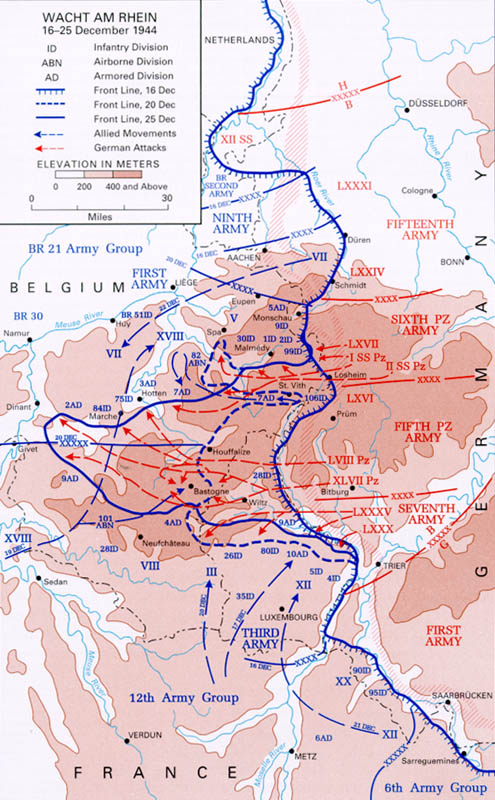 Map showing German gains during first days of the Battle of the Bulge, 16-25 Dec 1944