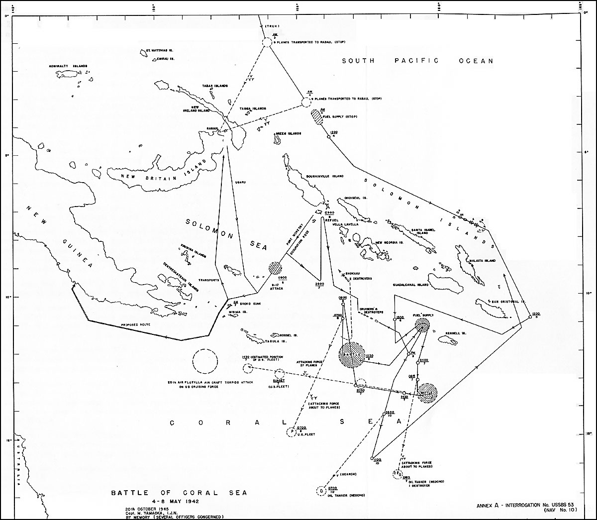 Map of Battle of Coral Sea, part of Captain Mineo Yamaoka's interrogation, 19 Oct 1945